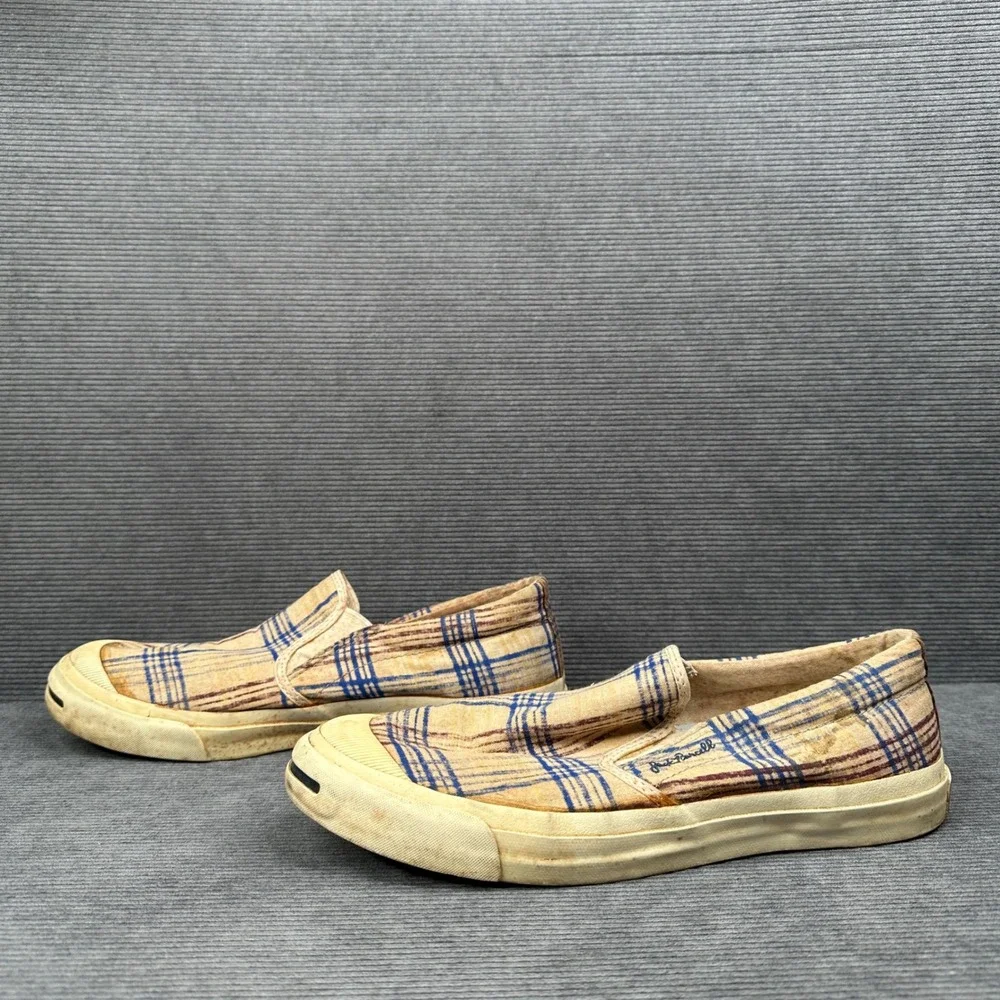 Converse Jack Purcell Mens 10 Slip On Plaid Tan Blue Textile Sneakers 1Q2811
